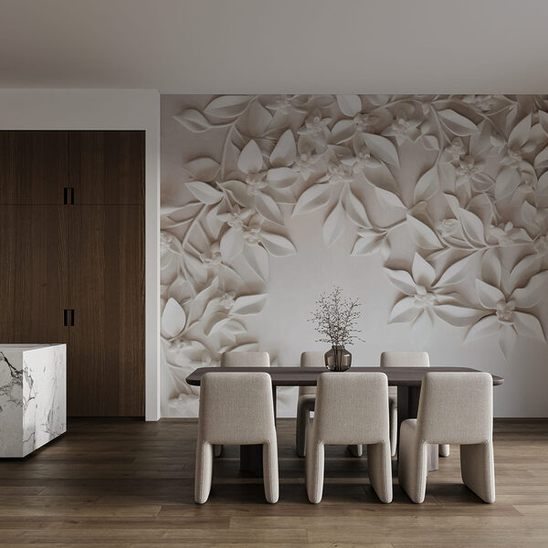 Witte muur met witte bloemen en bladeren
