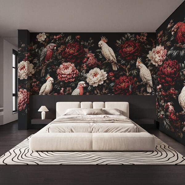 Schilderij van vogels op een tak met bloemen