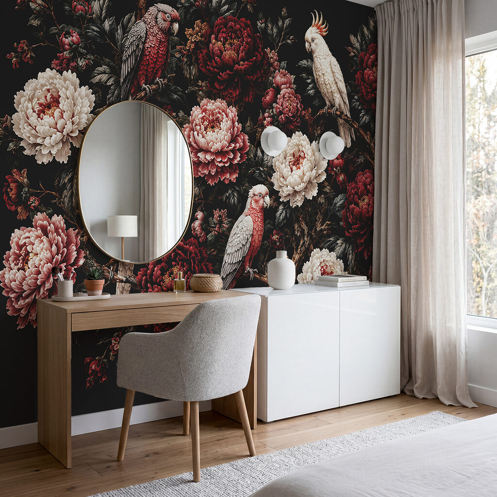 Schilderij van vogels op een tak met bloemen