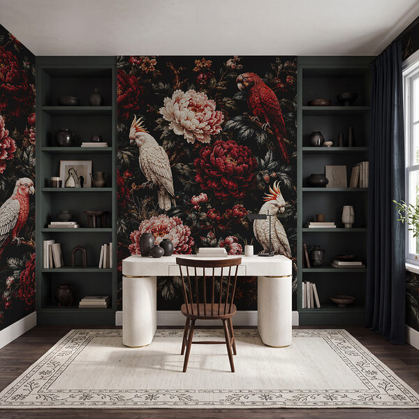 Schilderij van vogels op een tak met bloemen