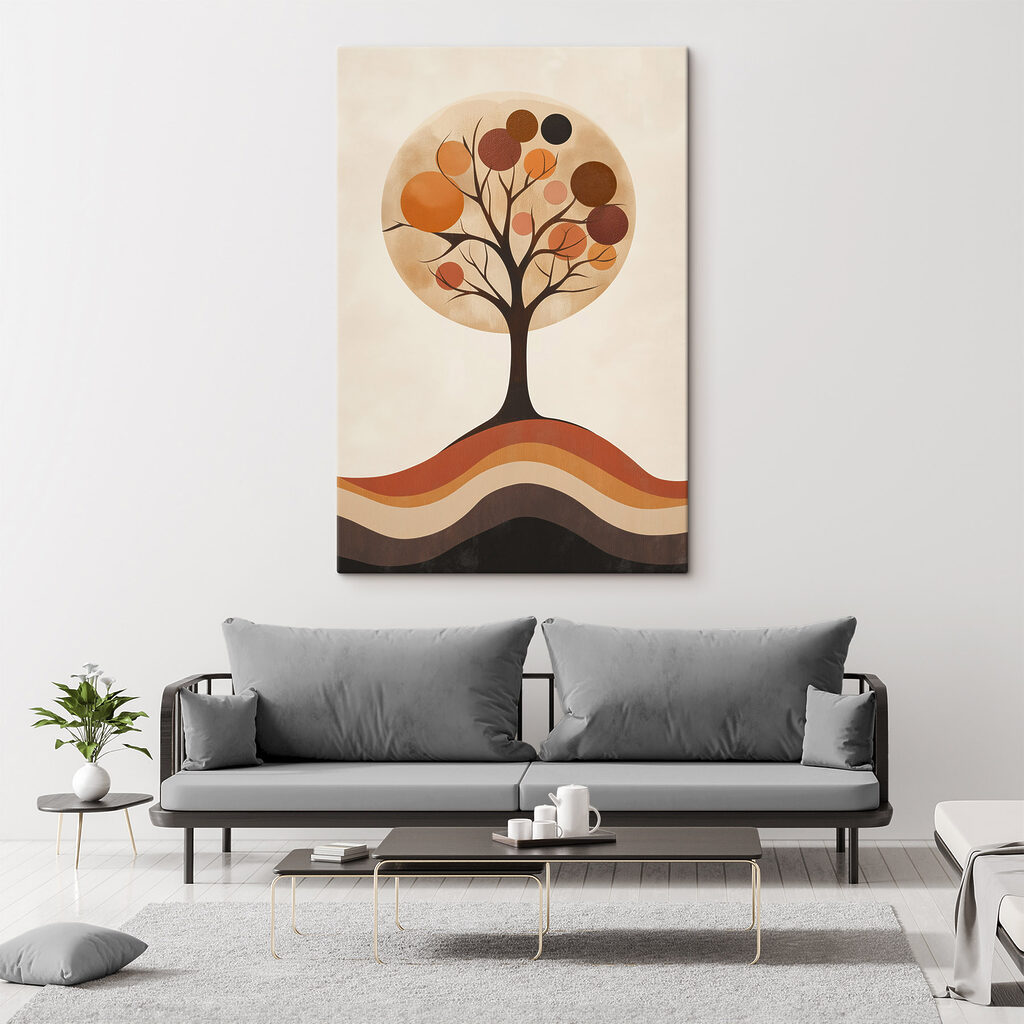 Tree with orange circles and a brown and white circle