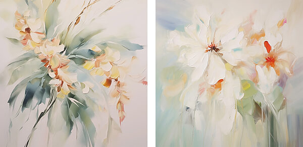 Two paintings of flowers on a white surface Two paintings of flowers on a white surface