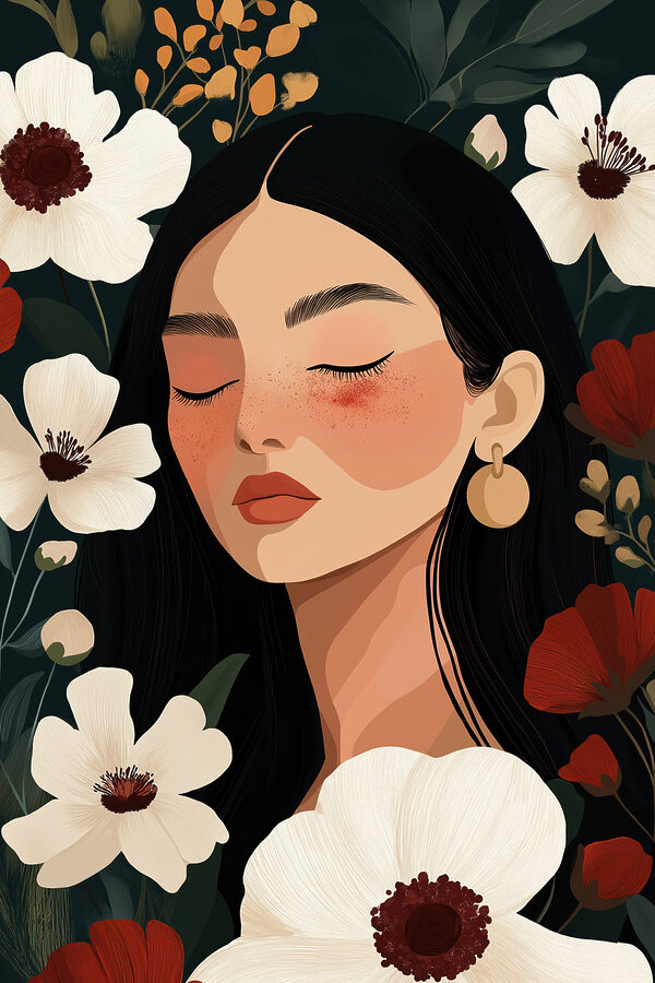 - Serene beauty among blooming flowers