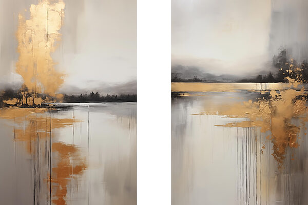 Painting of a lake and a foggy landscape