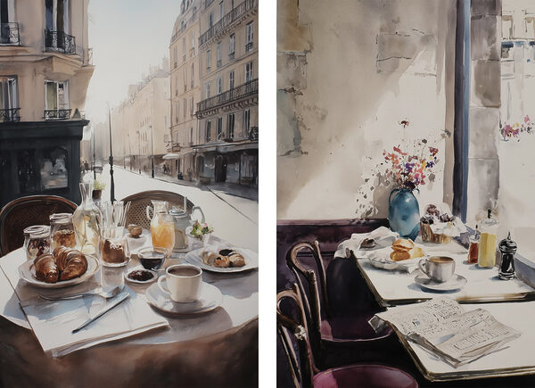 Watercolor painting of a table with food and drinks on it Watercolor painting of a table with food and drinks on it