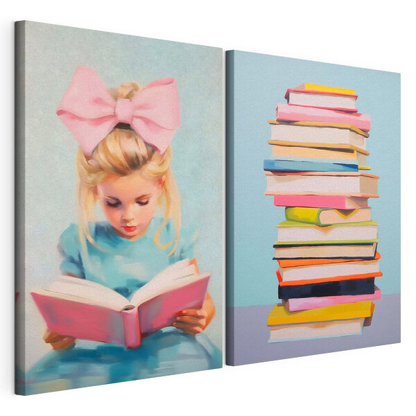Modulaire canvasprint Een meisje dat een boek leest en een stapel boeken