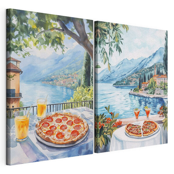 Aquarelschilderij van een tafel met pizza’s en drankjes erop Modulaire canvasprint Aquarelschilderij van een tafel met pizza’s en drankjes erop