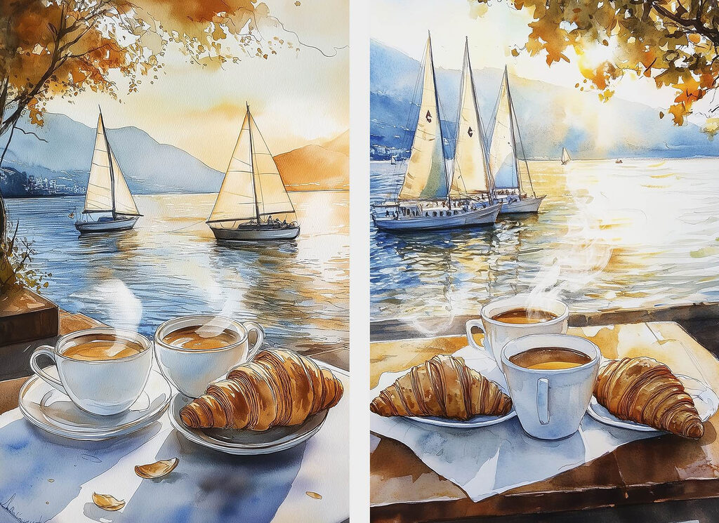 Watercolor painting of a couple of cups of coffee and croissants on a table with boats in the background Watercolor painting of a couple of cups of coffee and croissants on a table with boats in the background