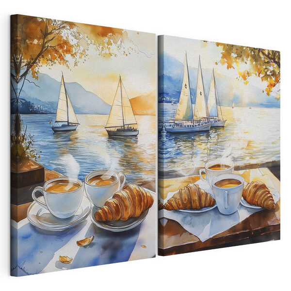 Aquarelschilderij van een paar kopjes koffie en croissants op een tafel, met bootjes op de achtergrond Modulaire canvasprint Aquarelschilderij van een paar kopjes koffie en croissants op een tafel, met bootjes op de achtergrond