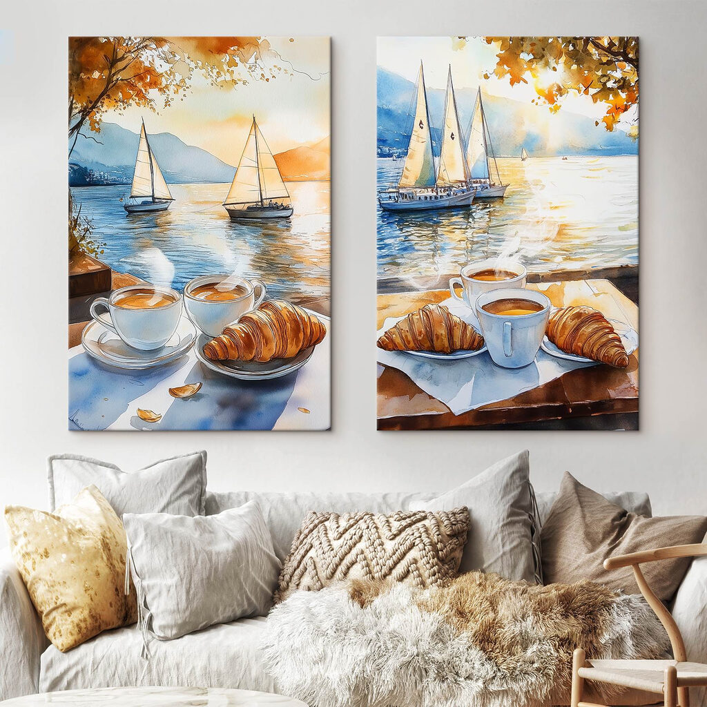 Watercolor painting of a couple of cups of coffee and croissants on a table with boats in the background Watercolor painting of a couple of cups of coffee and croissants on a table with boats in the background