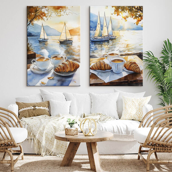 Watercolor painting of a couple of cups of coffee and croissants on a table with boats in the background Watercolor painting of a couple of cups of coffee and croissants on a table with boats in the background