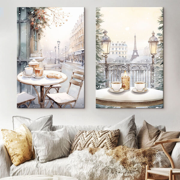 Painting of a street with a table and chairs
