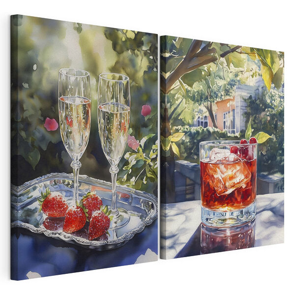 Aquarelschilderij van wijnglazen en aardbeien Modulaire canvasprint Aquarelschilderij van wijnglazen en aardbeien