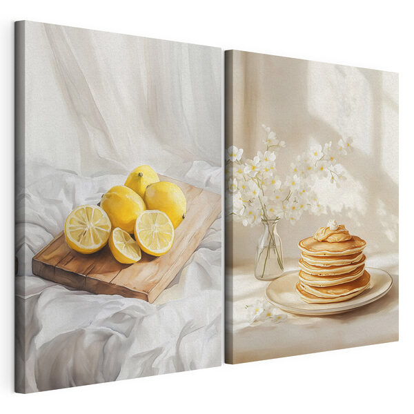 Modulaire canvasprint Citroenen op een snijplank en een stapel pannenkoeken