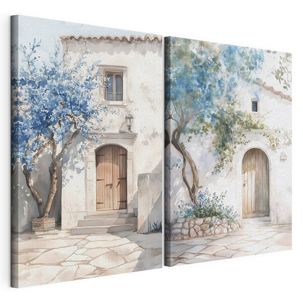 Modulaire canvasprint Aquarelschilderij van een huis met een deur en een deuropening