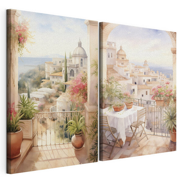 Modulaire canvasprint Schilderij van een balkon met een tafel en stoelen en een balkon met uitzicht op een stad