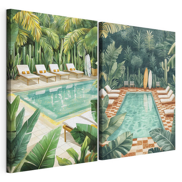 Modulaire canvasprint Zwembad- en ligstoelen in een tropische omgeving