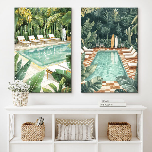 Pool and lounge chairs in a tropical area Pool and lounge chairs in a tropical area