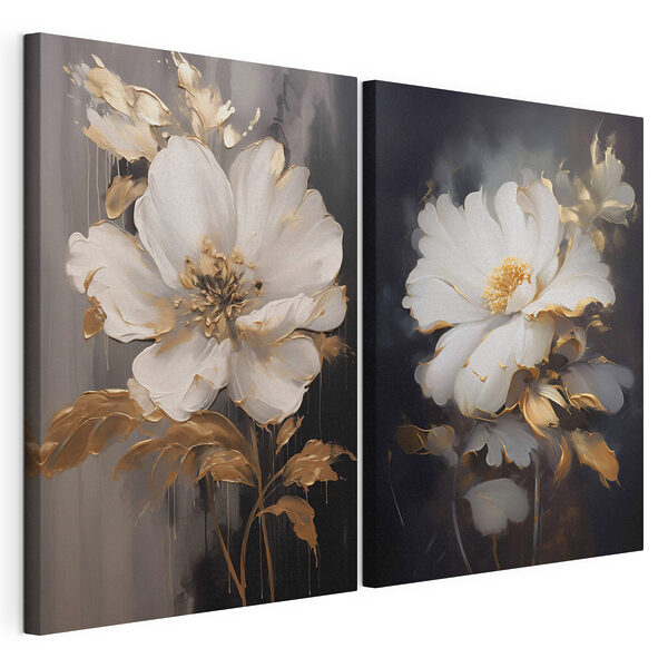 Modulaire canvasprint Twee schilderijen van bloemen op een zwarte achtergrond