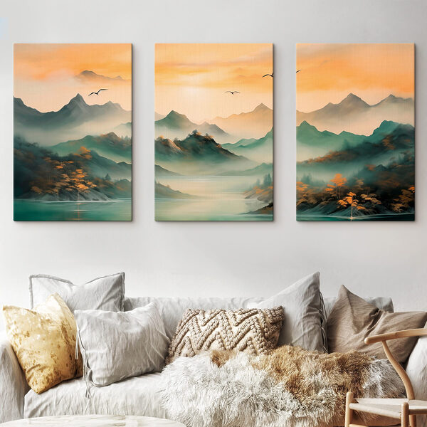 Group of mountains with water and birds flying