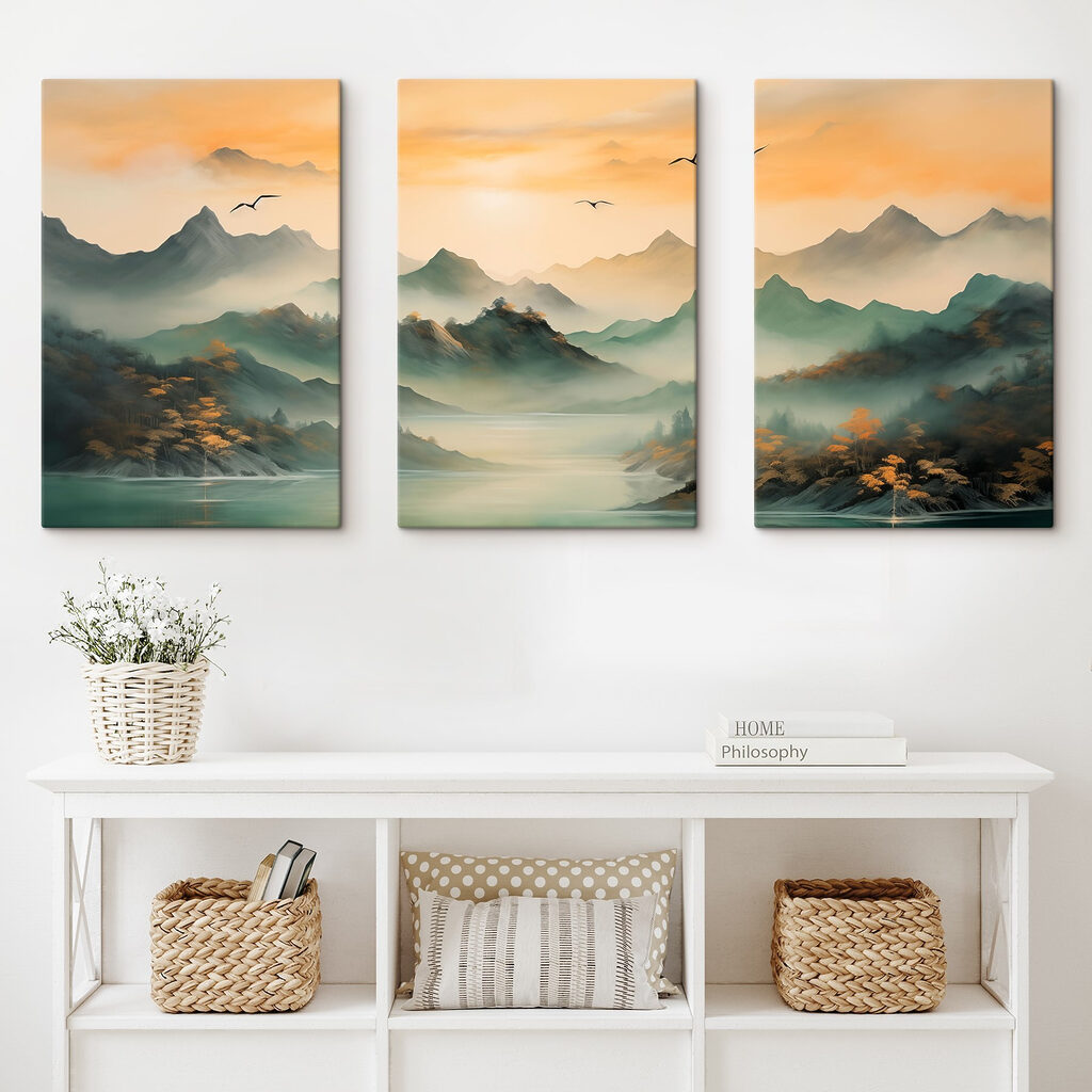 Group of mountains with water and birds flying