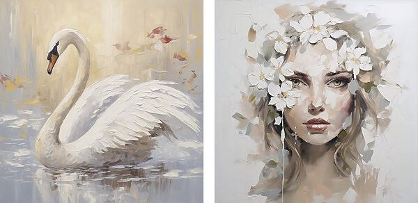 Painting of a woman with flowers in her hair and a swan