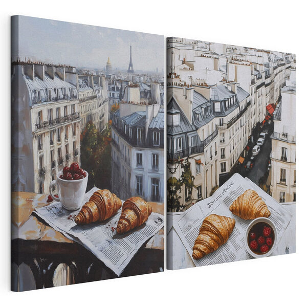 Modulaire canvasprint Schilderij van een stad met een croissant en een kopje fruit