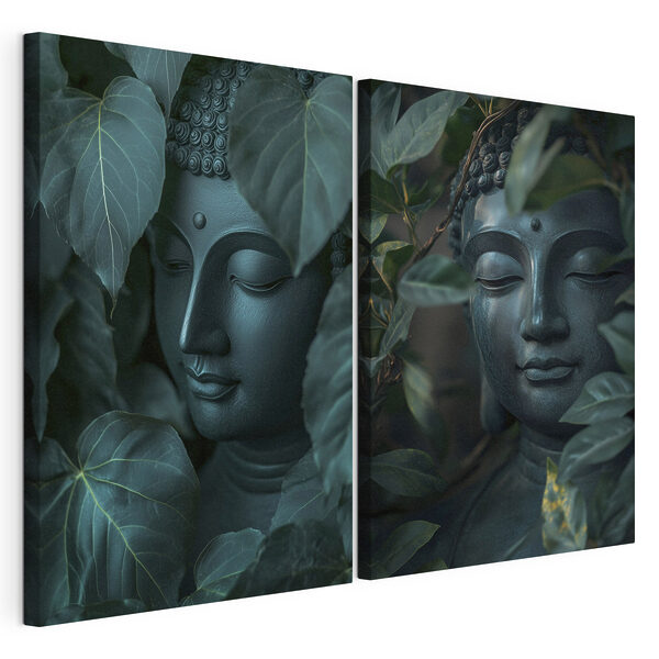 Modulaire canvasprint Standbeeld van een persoon omringd door bladeren