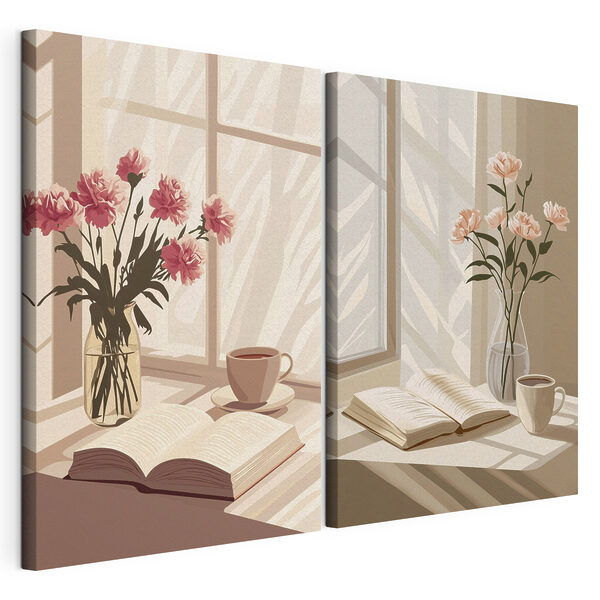Modulaire canvasprint Een vaas met bloemen en een boek op de vensterbank