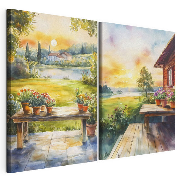 Aquarelschilderij van een huis en een tafel met bloemen Modulaire canvasprint Aquarelschilderij van een huis en een tafel met bloemen