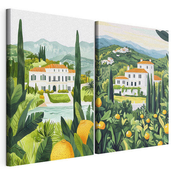 Modulaire canvasprint Schilderij van een huis en een rivier