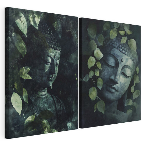 Modulaire canvasprint Een serene Boeddha te midden van weelderig gebladerte