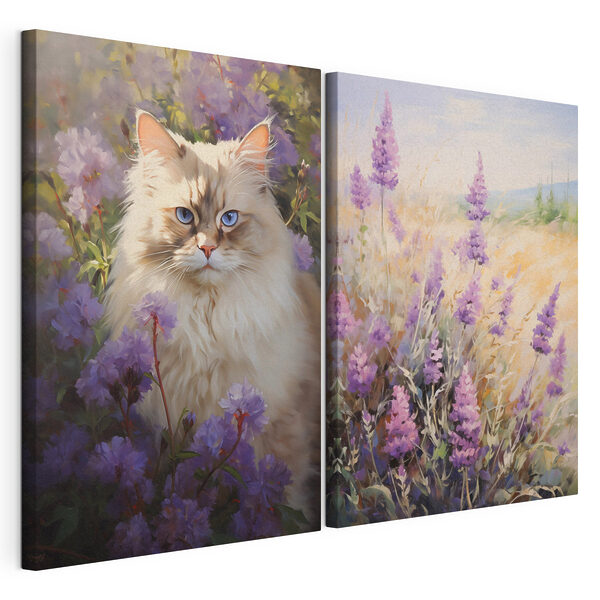Modulaire canvasprint Kat in een bloemenveld