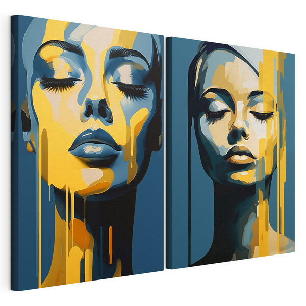 Modulaire canvasprint Het gezicht van een vrouw waar gele verf vanaf druipt