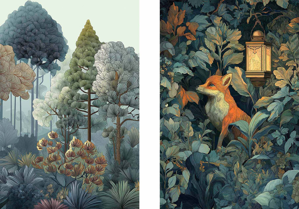 Collage of a fox in the woods