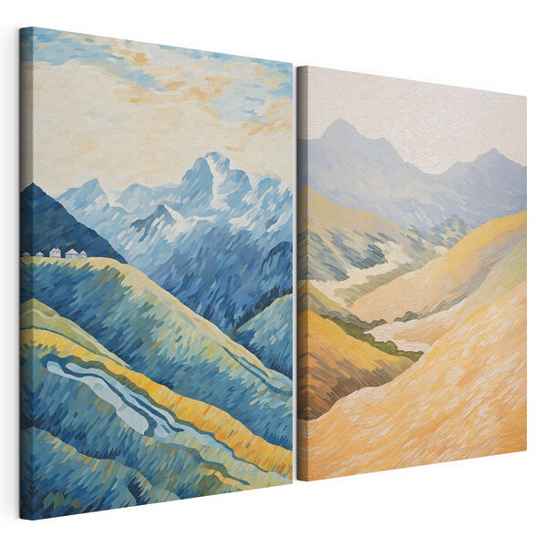 Modulaire canvasprint Schilderij van bergen en een rivier