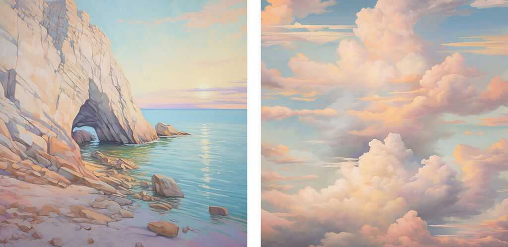 Painting of a beach and a rocky shore