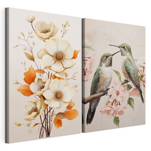 Modulaire canvasprint Twee vogels op een tak met bloemen