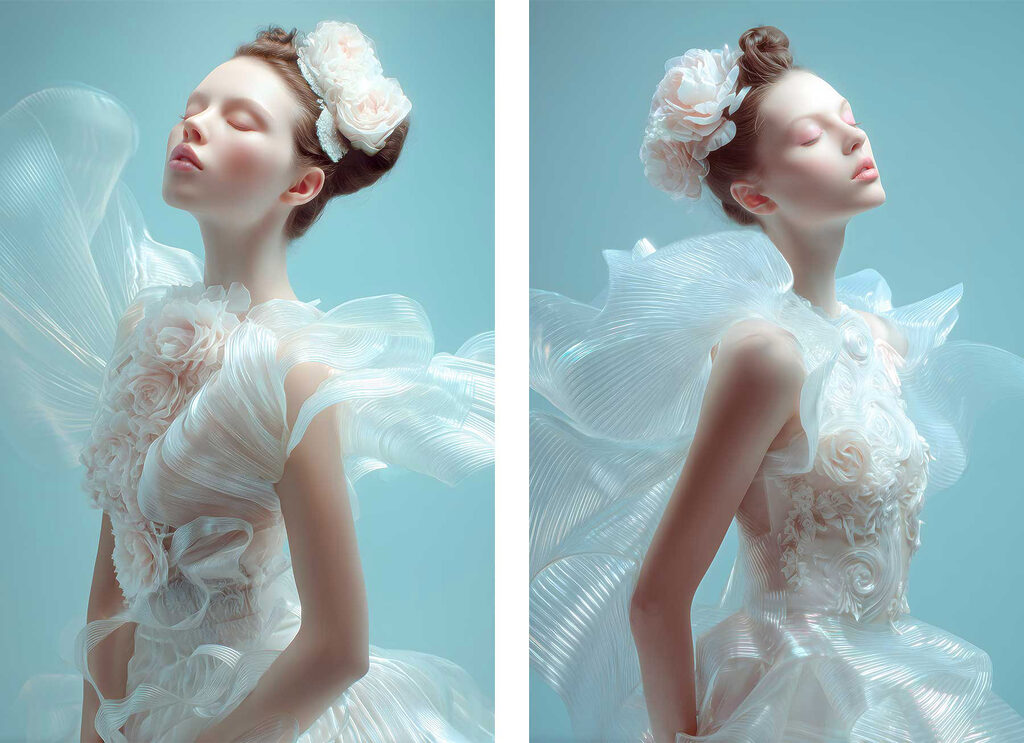 Collage of a woman in a white dress Collage of a woman in a white dress