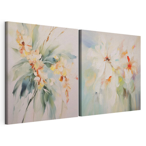 Twee schilderijen van bloemen op een witte ondergrond Modulaire canvasprint Twee schilderijen van bloemen op een witte ondergrond