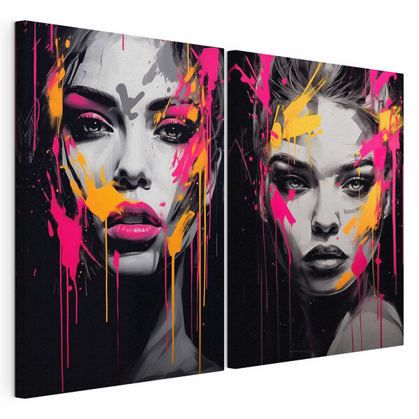 Modulaire canvasprint Collage van het gezicht van een vrouw met verfspatten