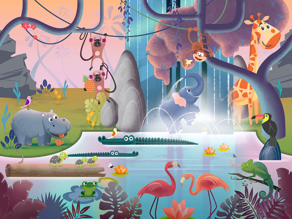 Cartoon of animals in a pond Cartoon of animals in a pond