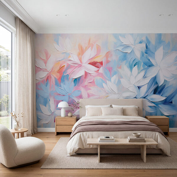Schilderij van bloemen met witte en blauwe bladeren Schilderij van bloemen met witte en blauwe bladeren