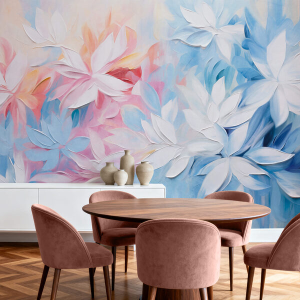 Schilderij van bloemen met witte en blauwe bladeren Schilderij van bloemen met witte en blauwe bladeren