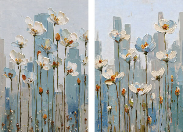 Painting of flowers in a city Painting of flowers in a city