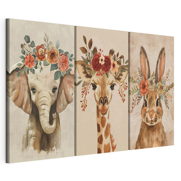 Modulaire canvasprint Collage van dieren met bloemen op hun hoofd