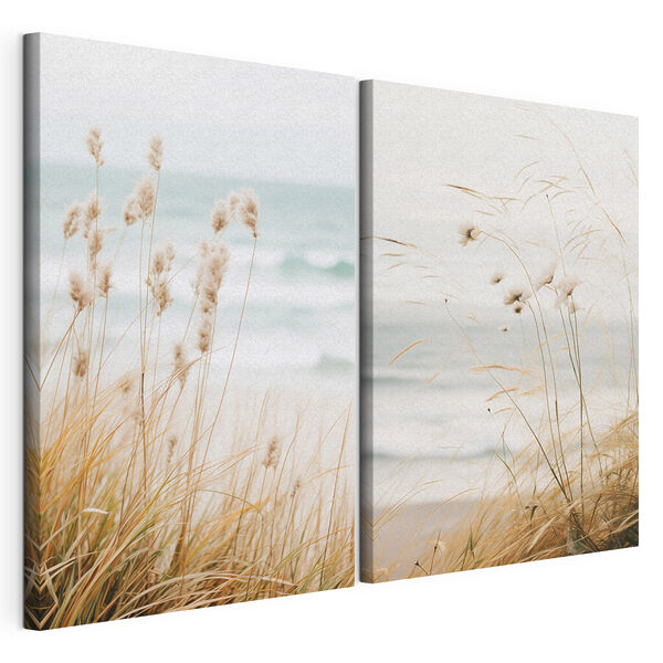 Modulaire canvasprint Een zacht briesje waait over het gras aan de kust