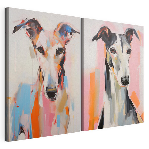 Twee schilderijen van honden aan de muur Modulaire canvasprint Twee schilderijen van honden aan de muur