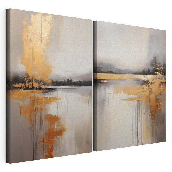 Modulaire canvasprint Schilderij van een meer en een mistig landschap