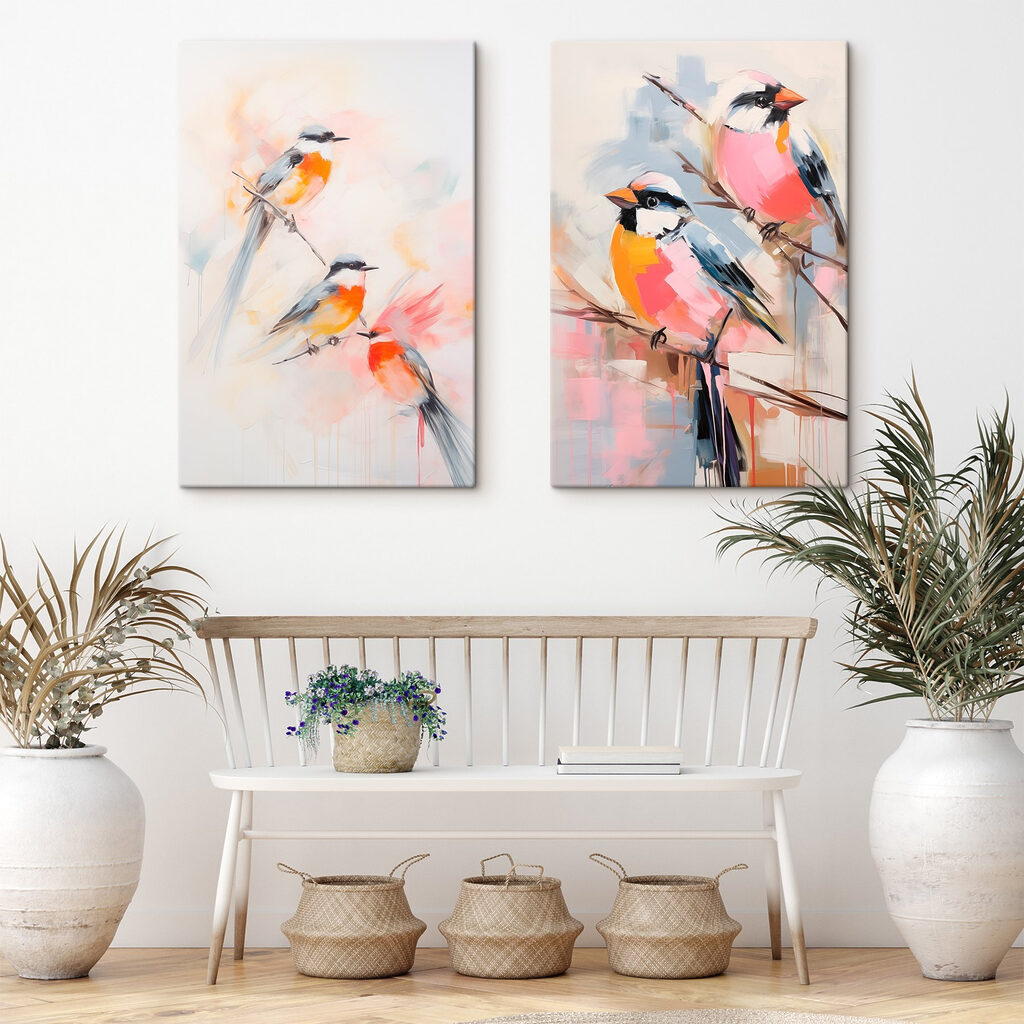 Painting of birds on a branch